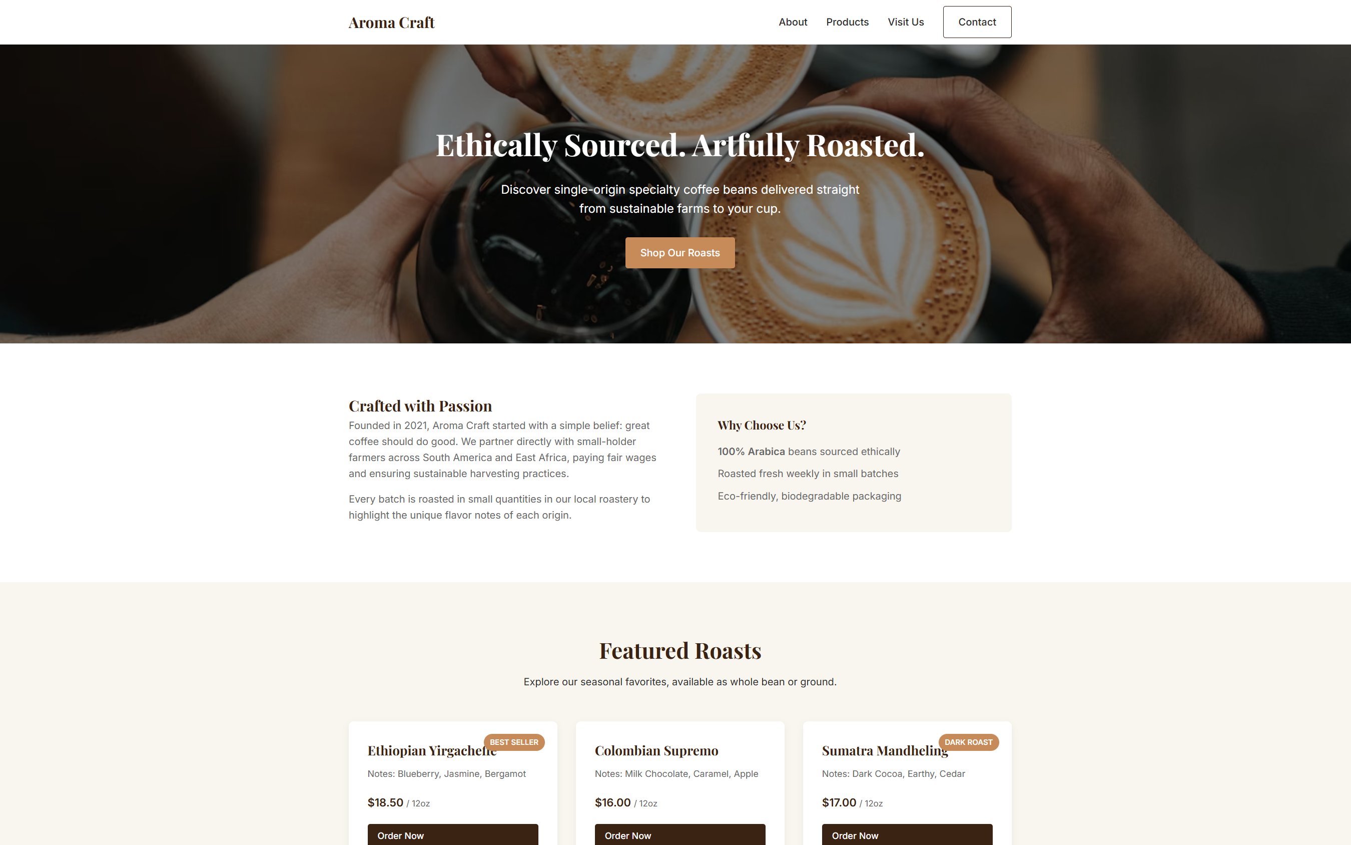 Preview of the Aroma Craft Coffee Roasters website mockup